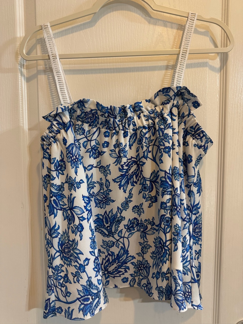 White & Blue Floral Ruffled Women's Tank Top